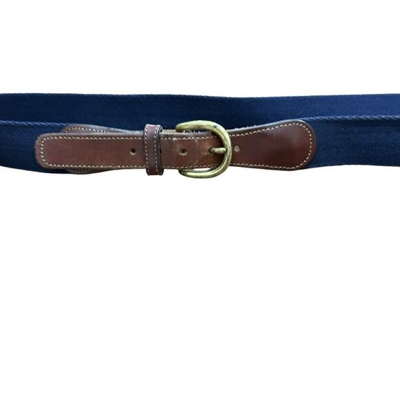 Trafalgar Men's Navy Brown Leather Trim Brass Buckle Canvas Belt Size 42 - Picture 2 of 5